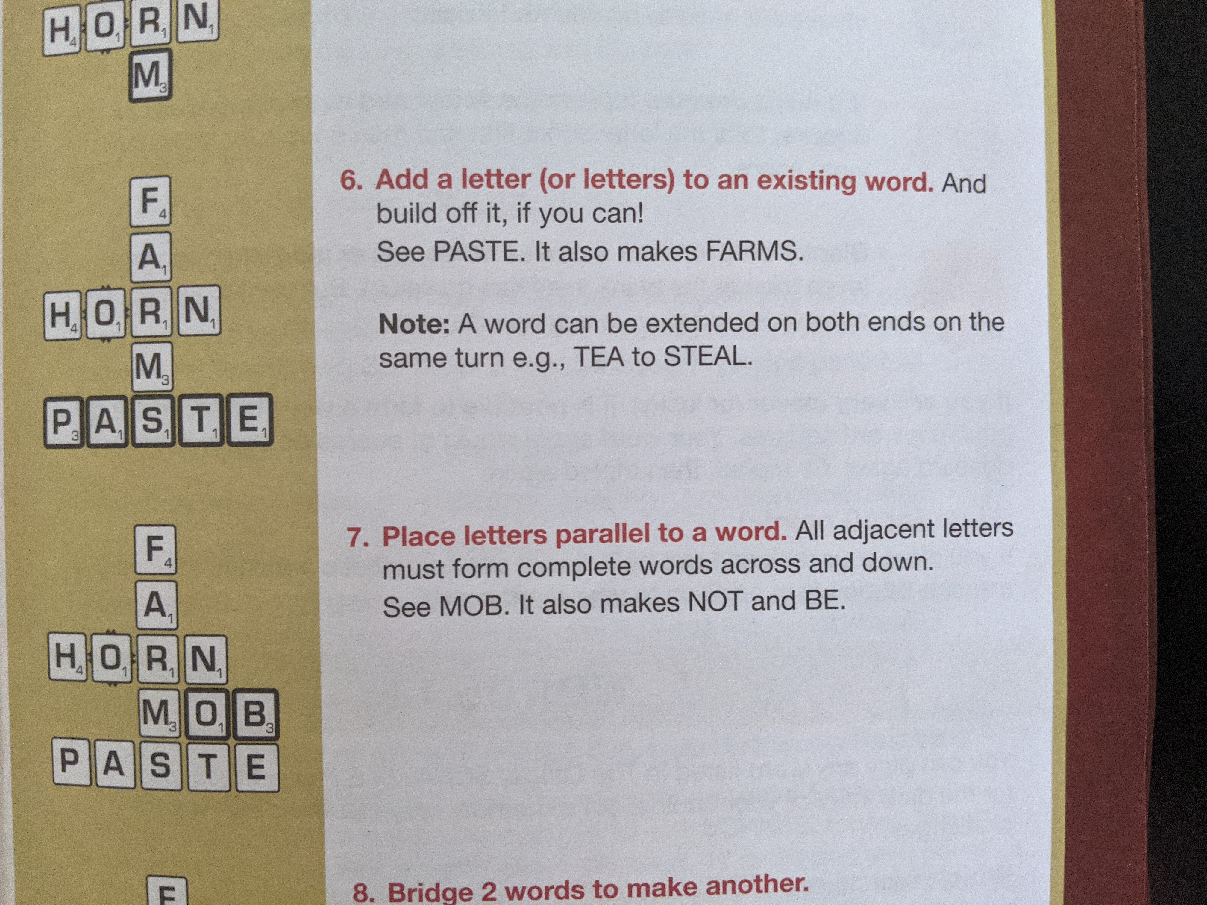 Scrabble instructions page describing how to add tiles.